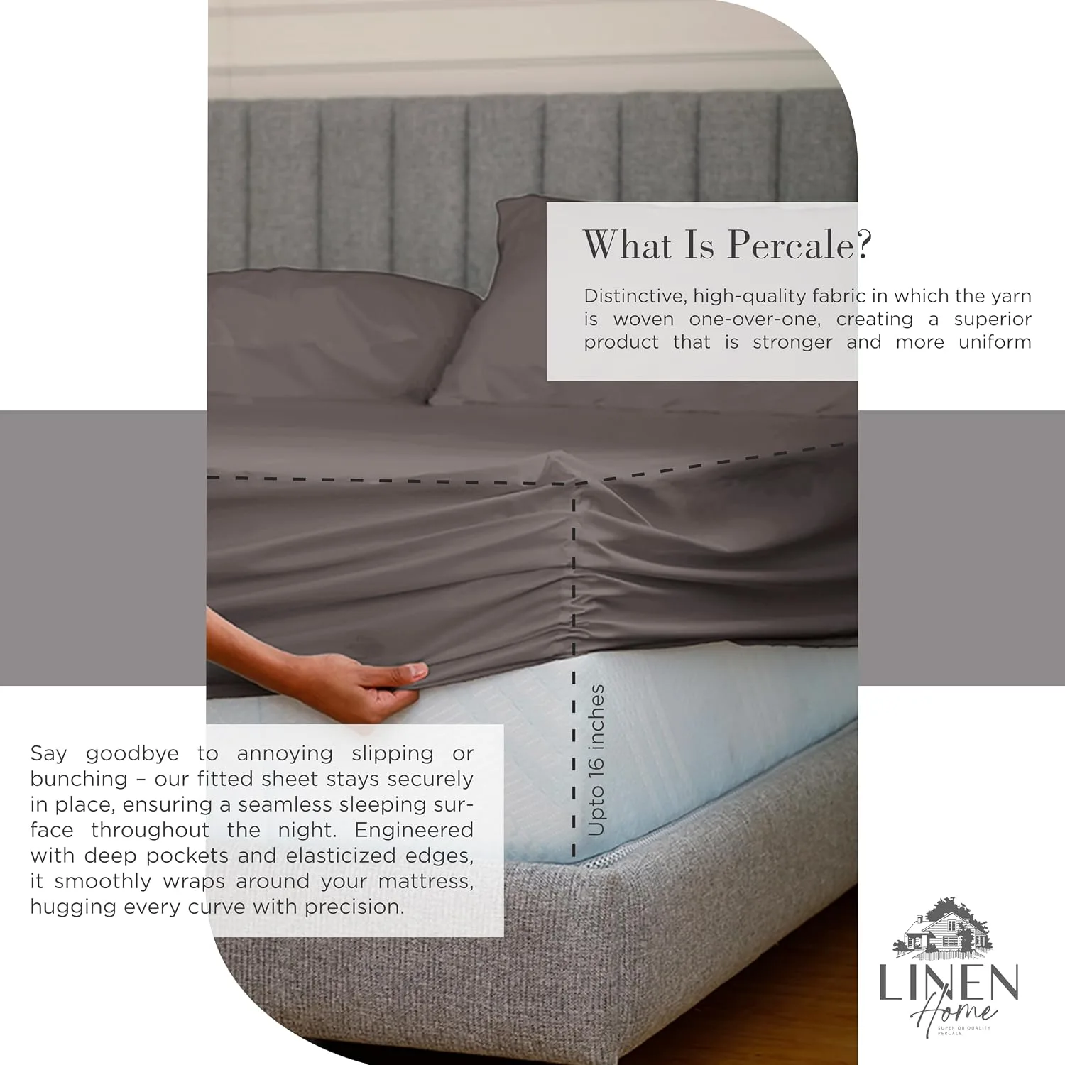 Linen Home 100% Cotton Percale King Sheets, 4 Pc Cooling Set - Charcoal