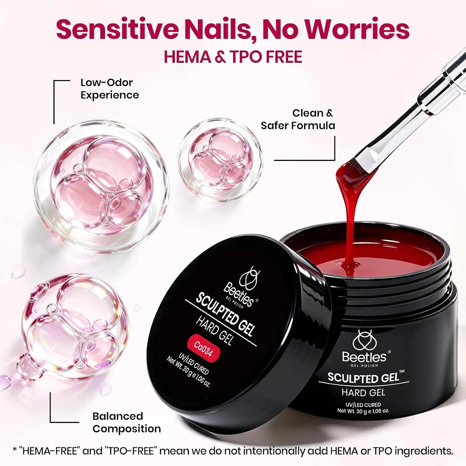 Beetles Hard Gel for Nails Red, 30g TPO & HEMA-FREE with Flat Nail Brush