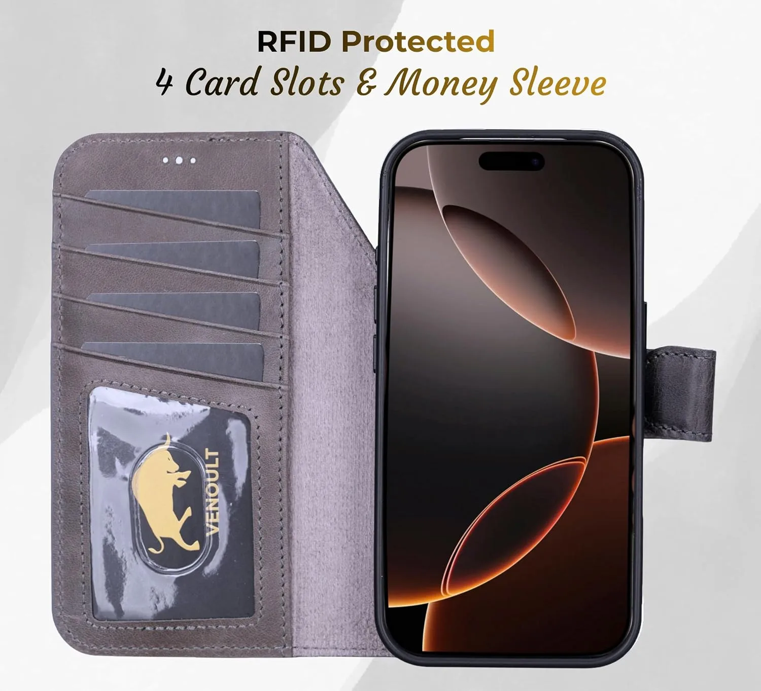 VENOULT Genuine Leather Wallet Case for iPhone 18/17 Pro MAX, Detachable