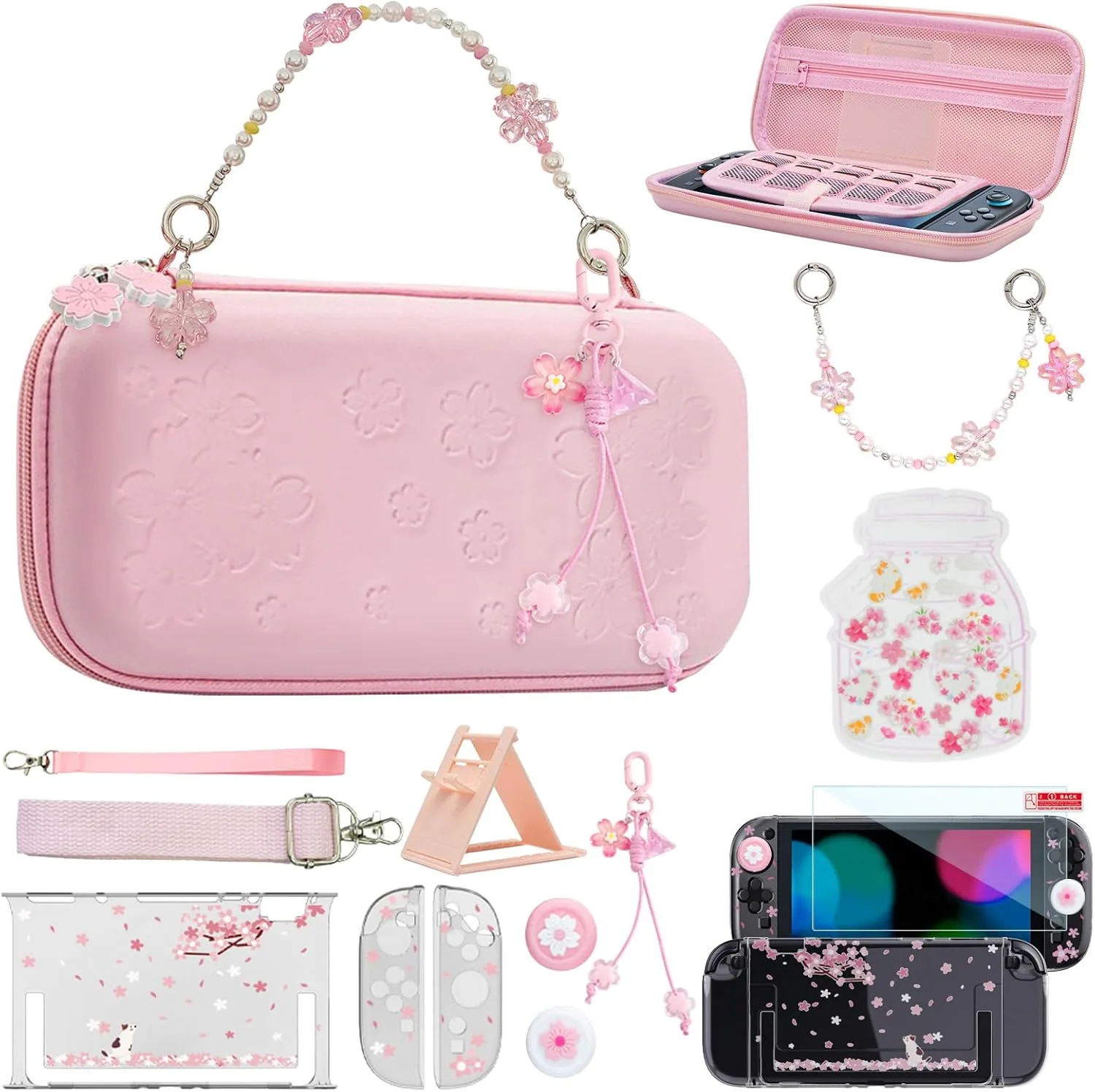 VirgoCCY Pink Carrying Case Set for Switch 2 2025, with Silicone j-con Covers, Thumb Grip Caps, Screen Protector, Sakura Hand Strap and stickers for Girls Women