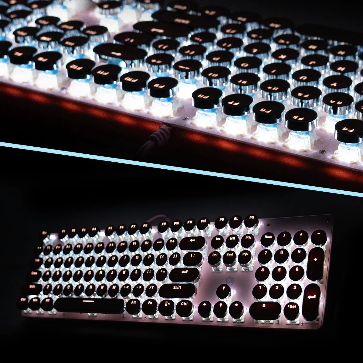 YSCP Typewriter Style Mechanical Gaming Keyboard White Backlit Wired with Blue Switch Retro Round Keycap 104 Keys Keyboard (Pink)