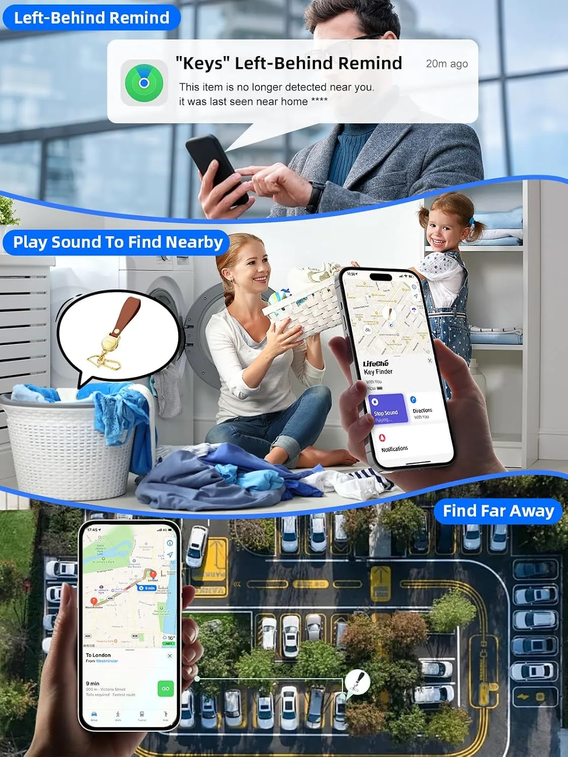 Find My Key Finder, Stainless Steel Keychain, Rechargeable Tracker