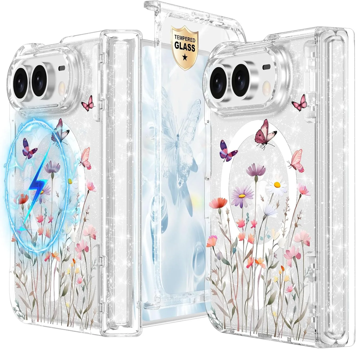 for iPhone Duo Case Clear Glitter Magnetic with Hinge Protection