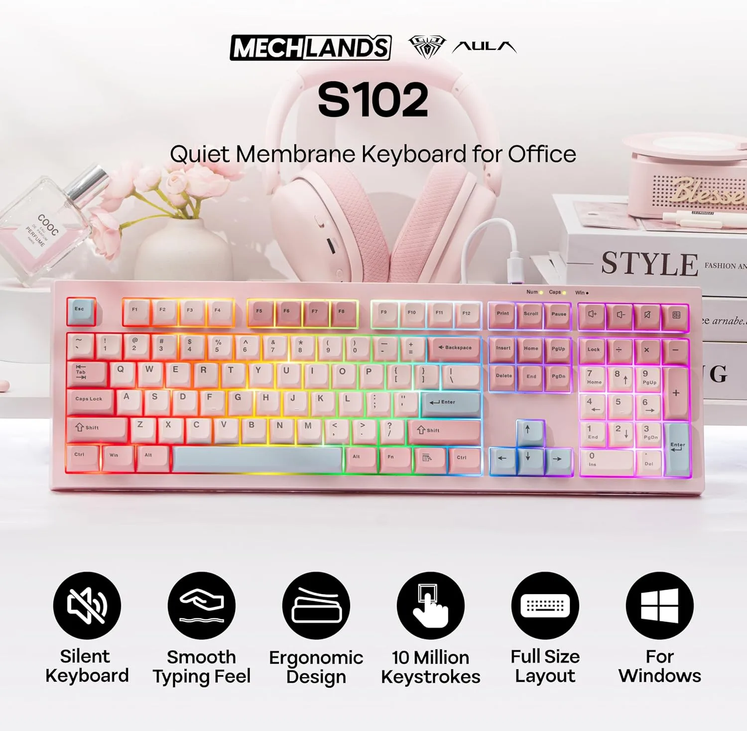 MechLands Aula S102 Membrane Gaming Keyboard w/Number Pad, 100% Full Size