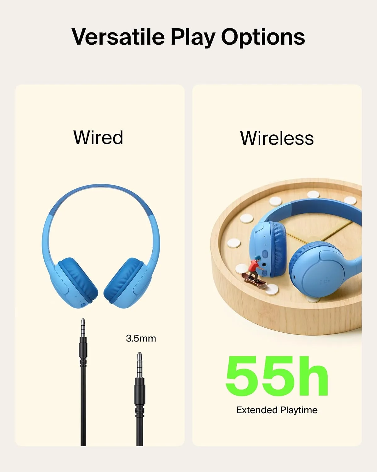 Belkin SoundForm Mini 2 Kids Headphones, Wireless & Wired, 55H Playtime