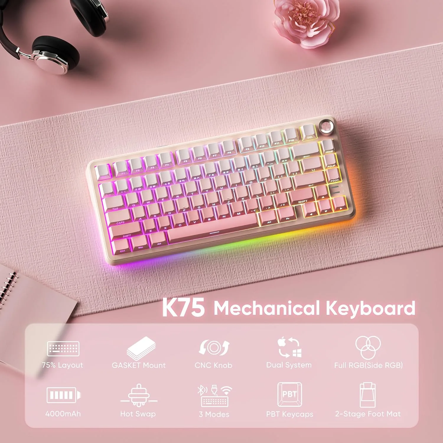 RedThunder K75 Wireless Mechanical Gaming Keyboard, 75% Hot Swappable Creamy Keyboard with Knob, RGB Backlit, Pre-lubed Switches, Side Engraved PBT Keycaps, Wireless/Wired/BT5.0, Gradient Sakura Pink