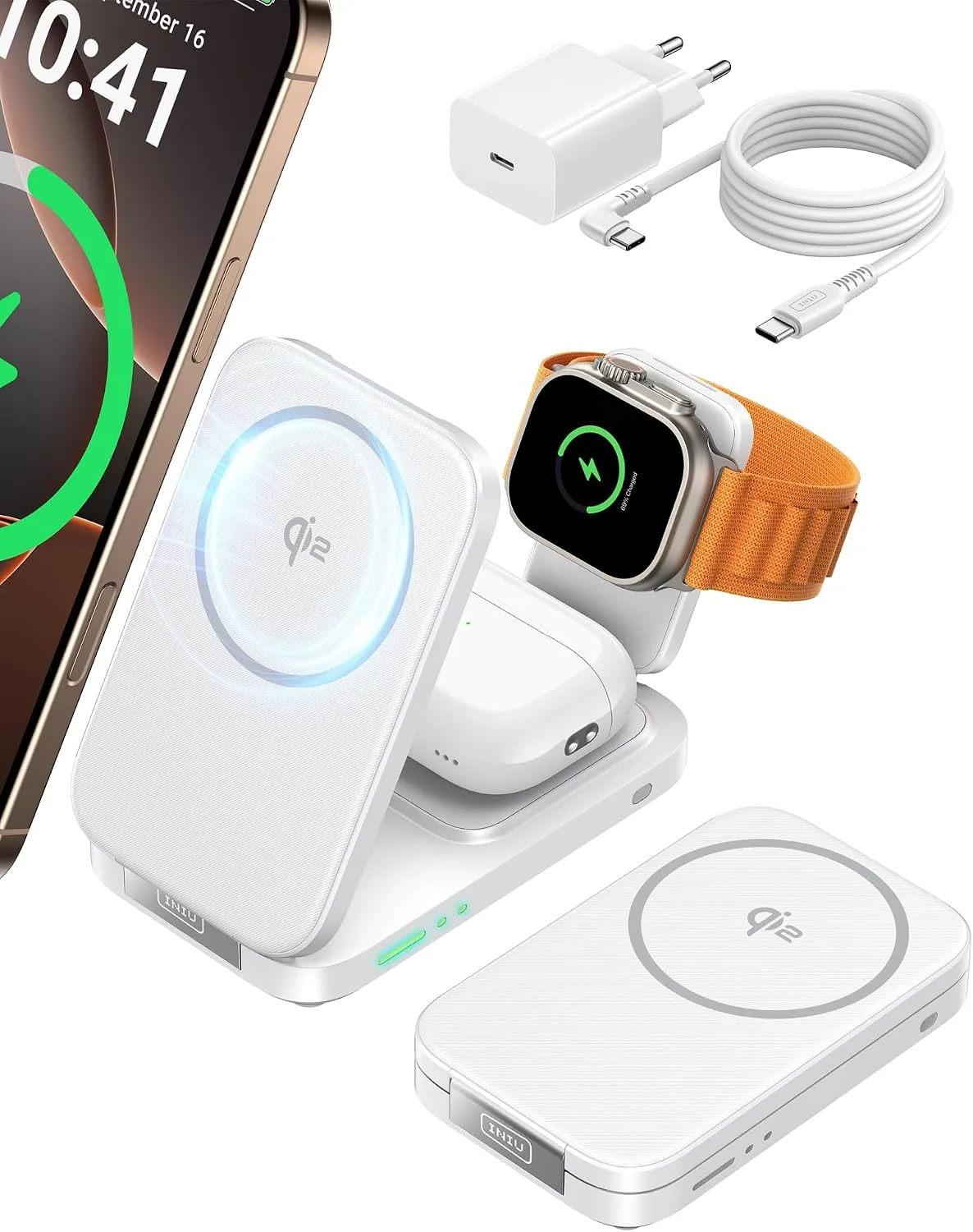 INIU 3 in 1 Foldable Wireless Charging Station, 15W Fast Mag-Safe Charger