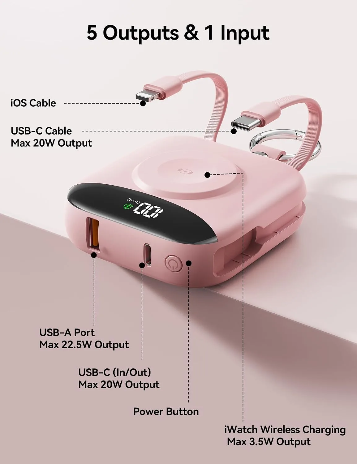 Portable Charger 10000mAh 22.5W Power Bank Built-in 2 Cables Keychain
