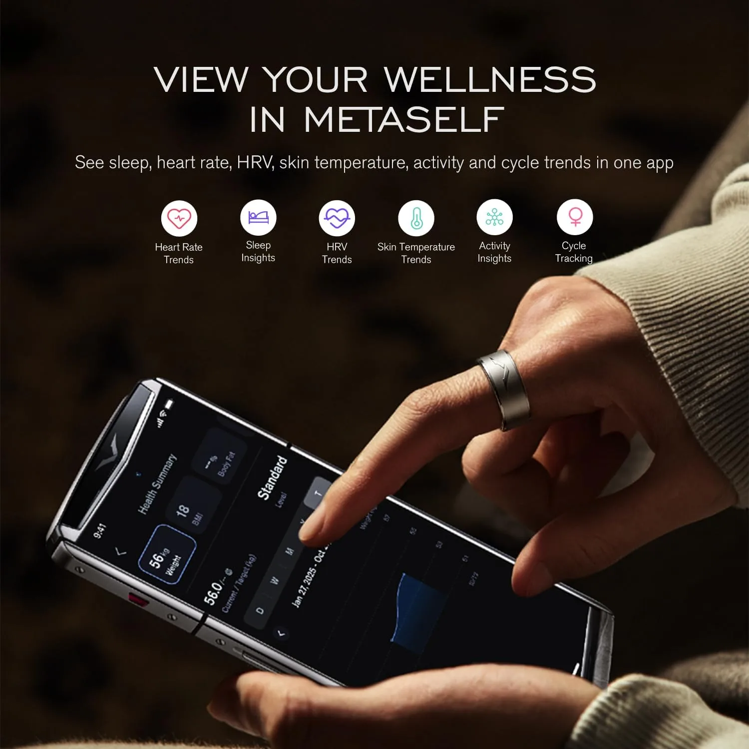 VERTU Cor Rring Ultra Smart Ring, Sleep & Activity Trends, Black, Size 10
