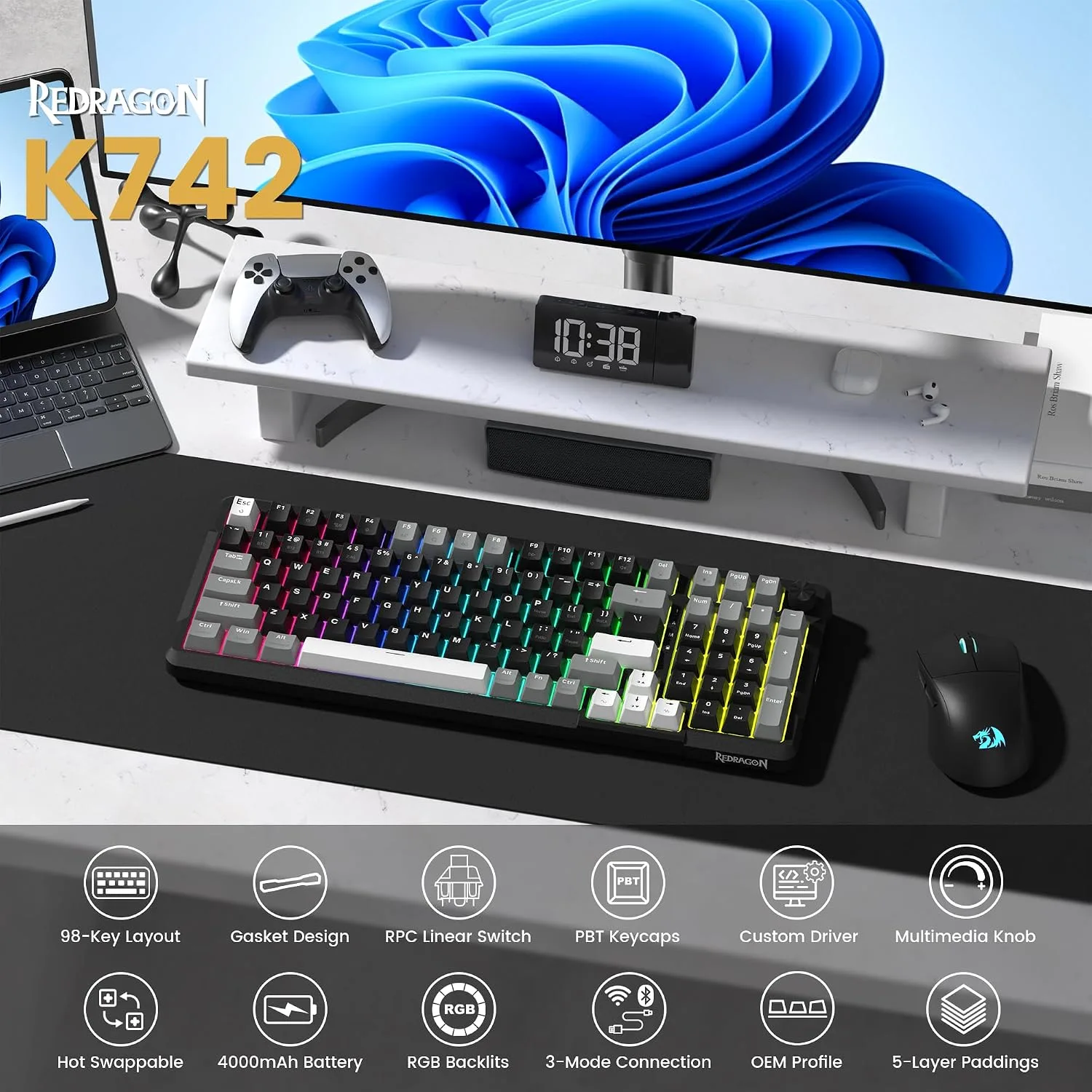 Redragon K742 Wireless Mechanical Gaming Keyboard with Knob for PC Computer