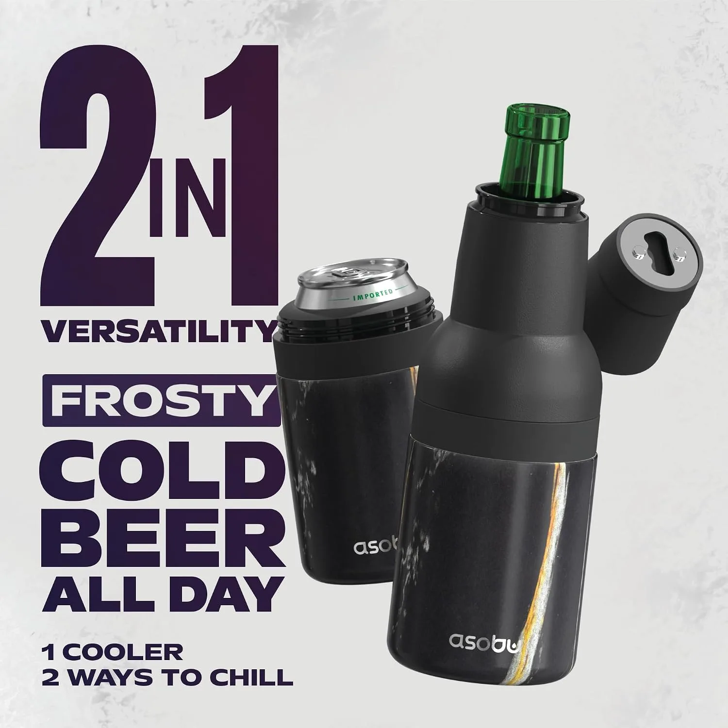Asobu Frosty Beer Holder 2 Go Vacuum Insulated Double Walled Stainless Steel Beer Can and Bottle Cooler with Beer Opener, Bpa Free, Fits Standard 12oz Bottles, Gift for Beer Lovers (Midnight Marble)
