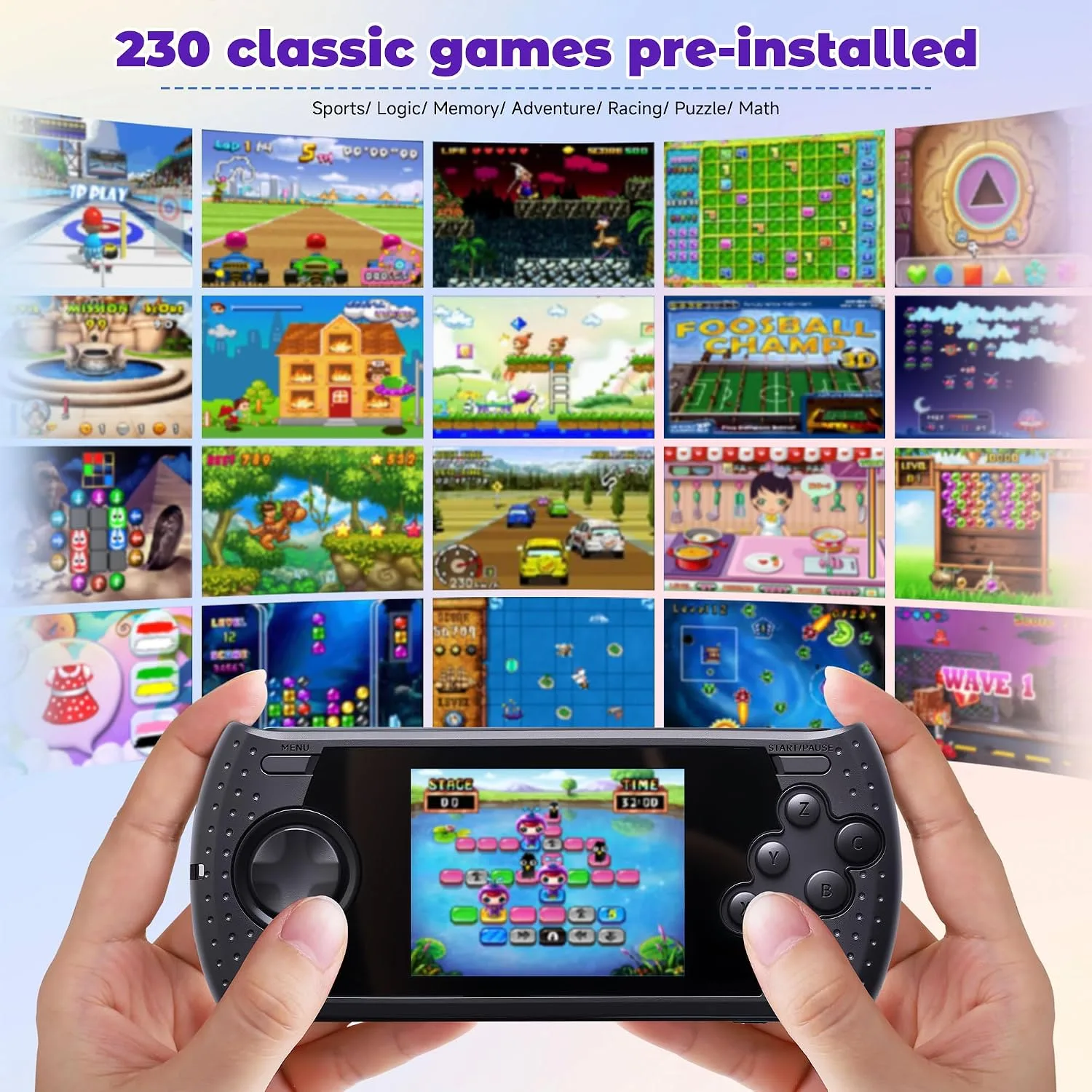 16 Bit Handheld Game for Kids Built-in 230 HD Classic Retro Video Games USB Rechargeable 3.0 Inch Childrens Travel Electronics Toys Portable Gaming Player System Gift for Boys Girls Ages 4-8-12