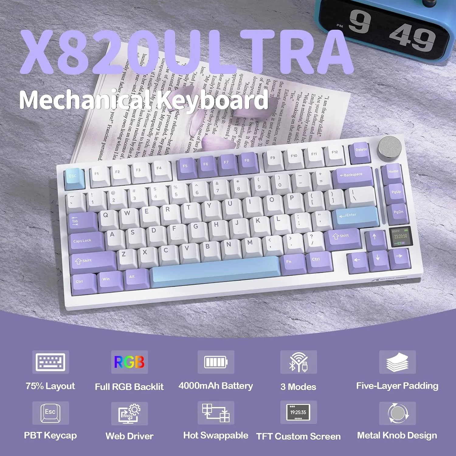 ATTACK SHARK X820 Ultra 75% Wireless Gaming Mechanical Keyboard Hot-Swappable Gasket Mount RGB Backlit BT/2.4G/Wired Custom Keyboard with Smart TFT Display&Knob QMK Driver-Starlight White&Gift Switch