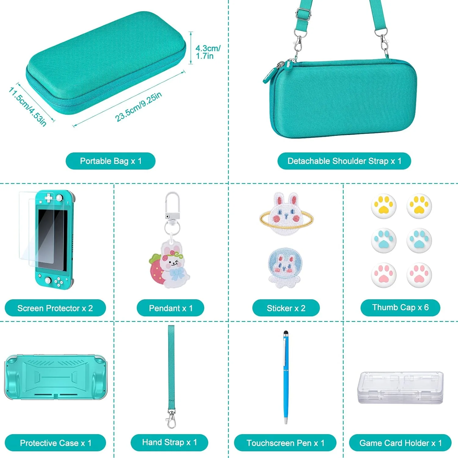 innoAura Switch Lite Case 18-in-1 Accessories Bundle for NS Switch Lite (2019), with Protective Carrying Case, Game Holder, Screen Protector & Cute Thumb Grips, Turquoise
