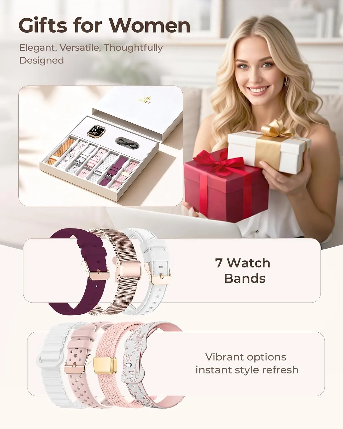 Iaret Smart Watch for Women, 1.83" HD Fitness Tracker with 7 Bands & 2 Charms, Answer/Make Calls, Heart Rate/Sleep/SpO2/Step Tracking, 100+ Sport Modes, Android/iPhone Compatible Gift Set (Rose Gold)
