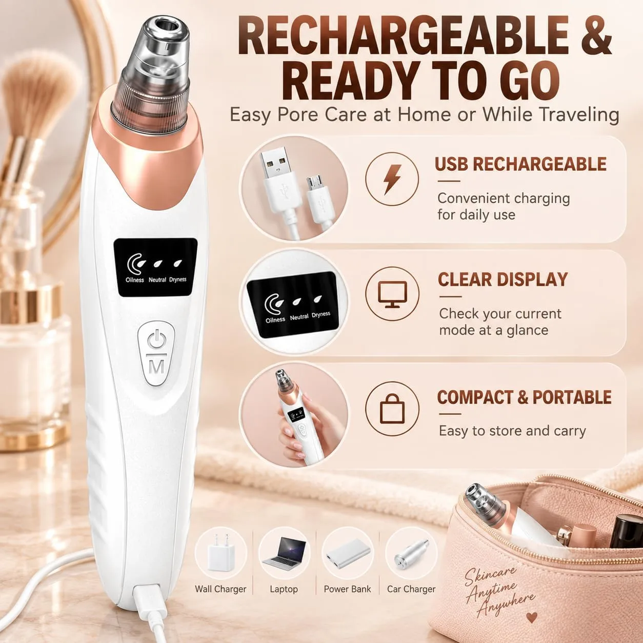 Pore Vacuum Blackhead Remover, 3 Suction Levels, 5 Interchangeable Heads