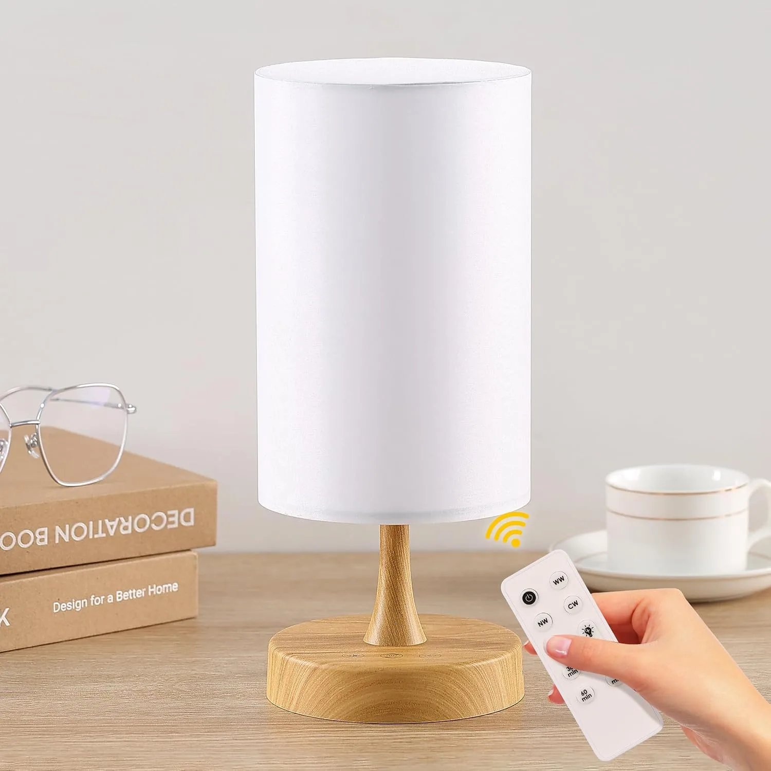 Caromolly Light Therapy Lamp, 10000 Lux Light with Remote Control, 3 Color Temperature & 4 Brightness Level & Timer, Daylight Lamp for Home, Office, Decoration(Wood Base White Shade)