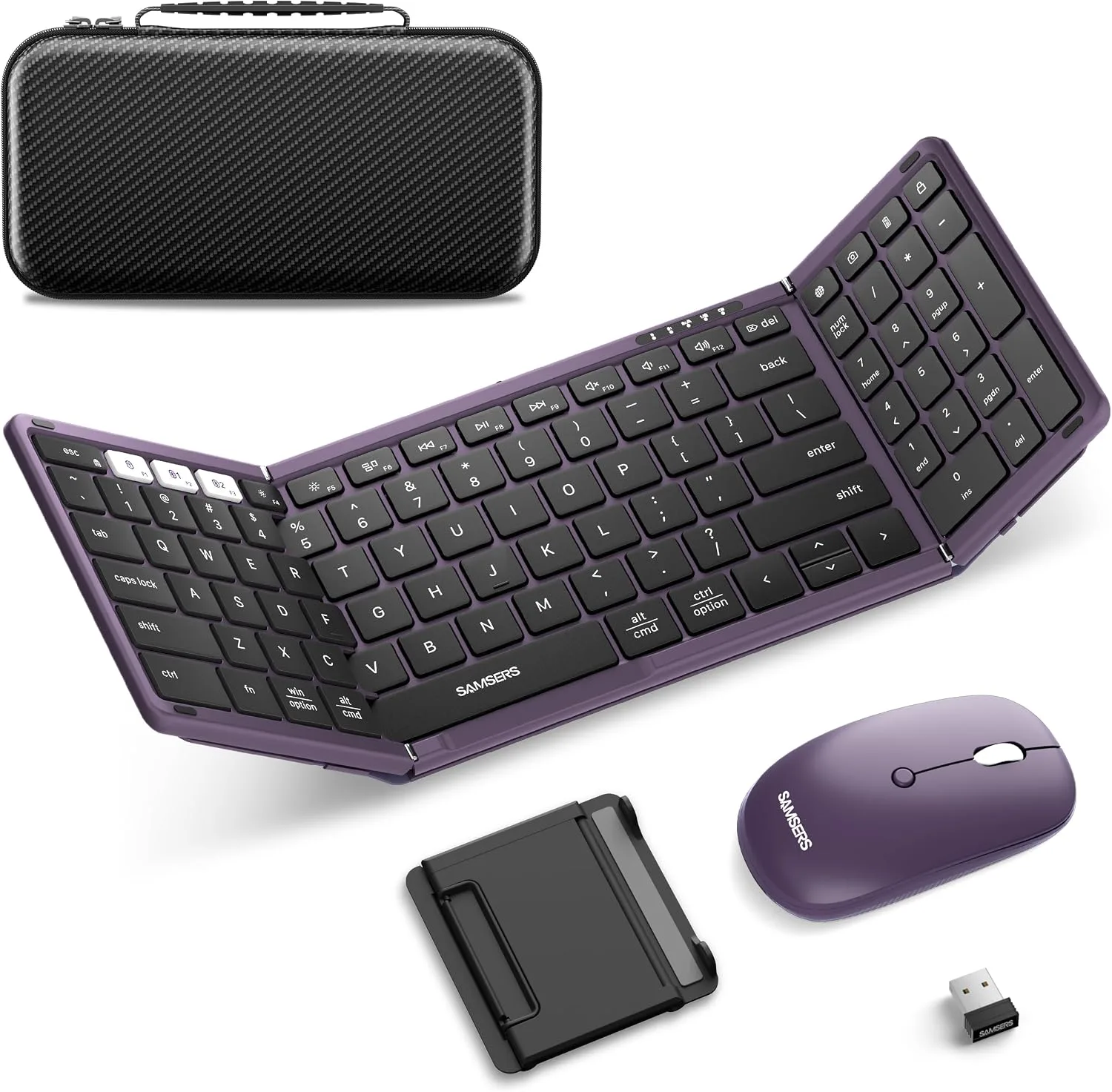 Foldable Keyboard and Mouse, Samsers Folding Bluetooth Keyboard Combo, 2.4G + BT5.0 x 2, Full-Size Portable Travel Keyboard & Rechargeable Wireless Mouse for Windows Android iOS Mac OS, Misty Purple