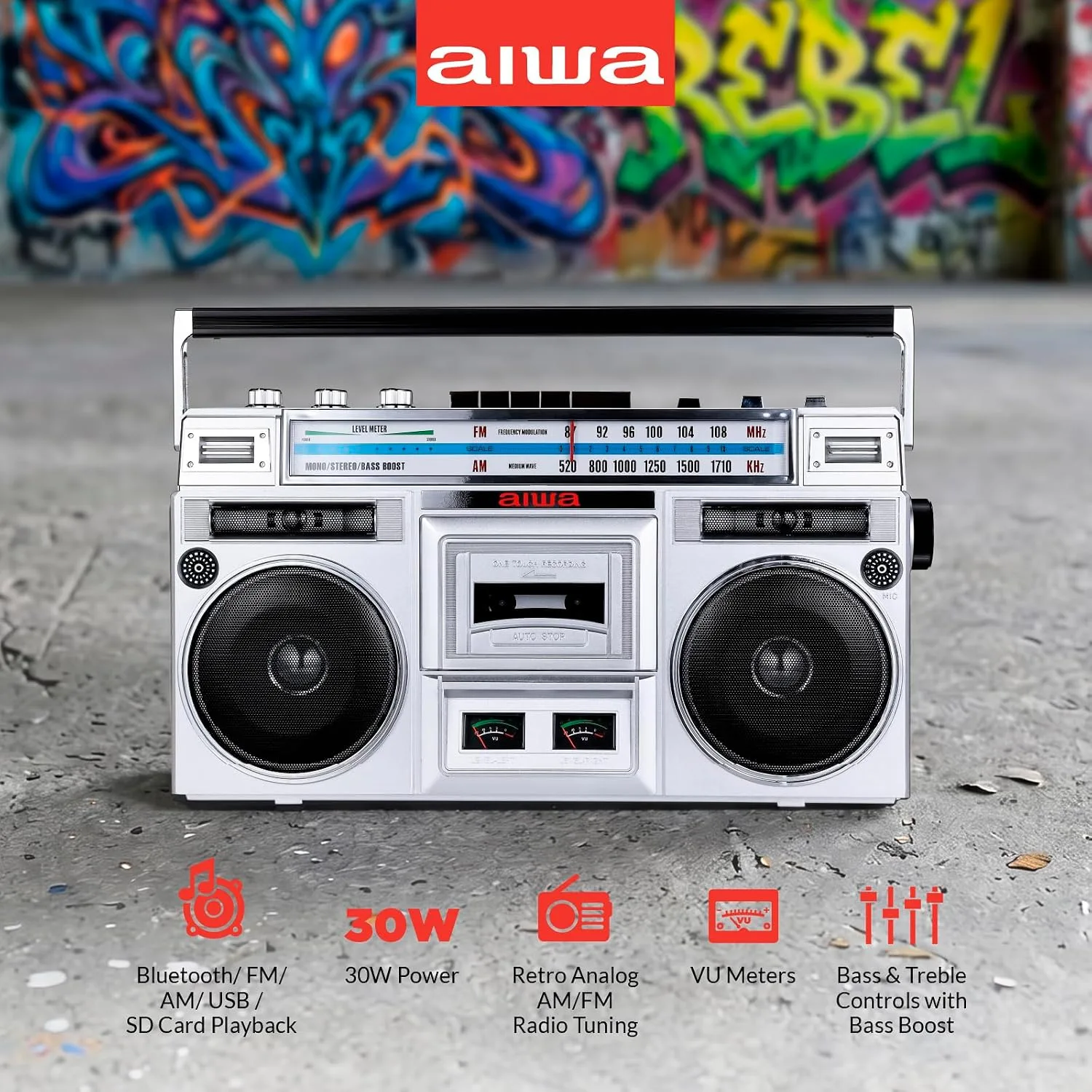 aiwa Portable Retro Boombox BackTrack Jr, Vintage Bluetooth Speaker with Cassette Player, Bluetooth, FM/AM Radio, USB & AUX for Home, Outdoor, and Travel Listening (Silver)