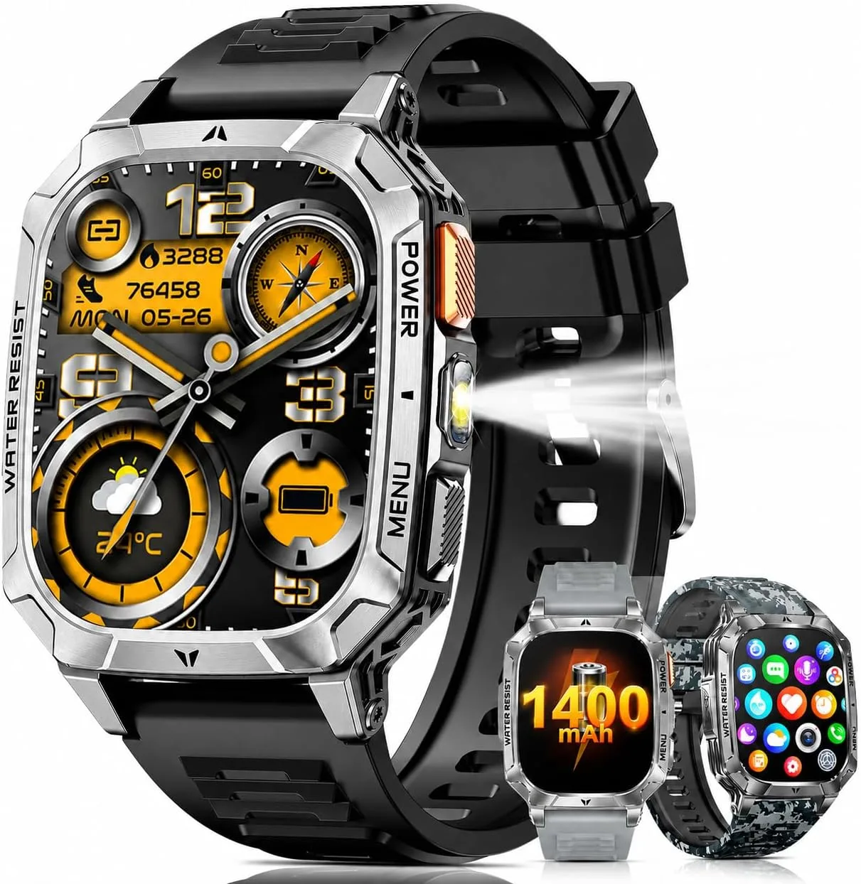 Smart Watches for Men, 1400mAh Military Smart Watch with LED Flashlight, 2.01" Fitness Tracker, Bluetooth Call, 100+ Sports, Heart Rate SpO2 Sleep, IP68, Smart Watch for Android Phones & iPhone