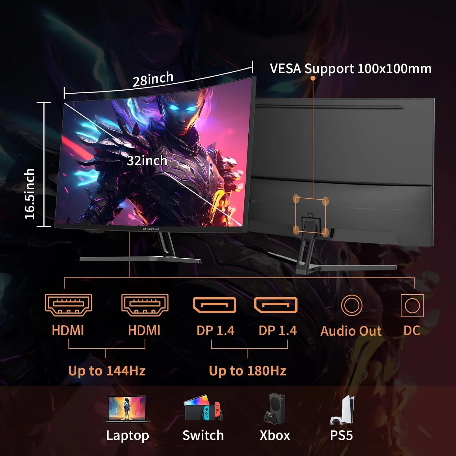 SANSUI 32-Inch Curved Gaming Monitor WQHD 2560 x 1440 180Hz Curved 1500R