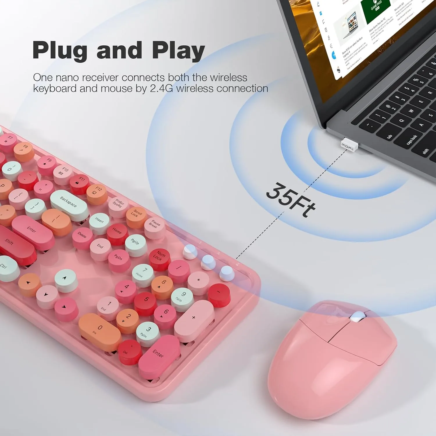 MOFII Wireless Keyboard and Mouse Combo, Pink Wireless Keyboard, 2.4GHz Retro Full Size with Number Pad & Cute Mouse for Computer PC Laptop Windows XP/7/8/10 (Pink-Colorful)