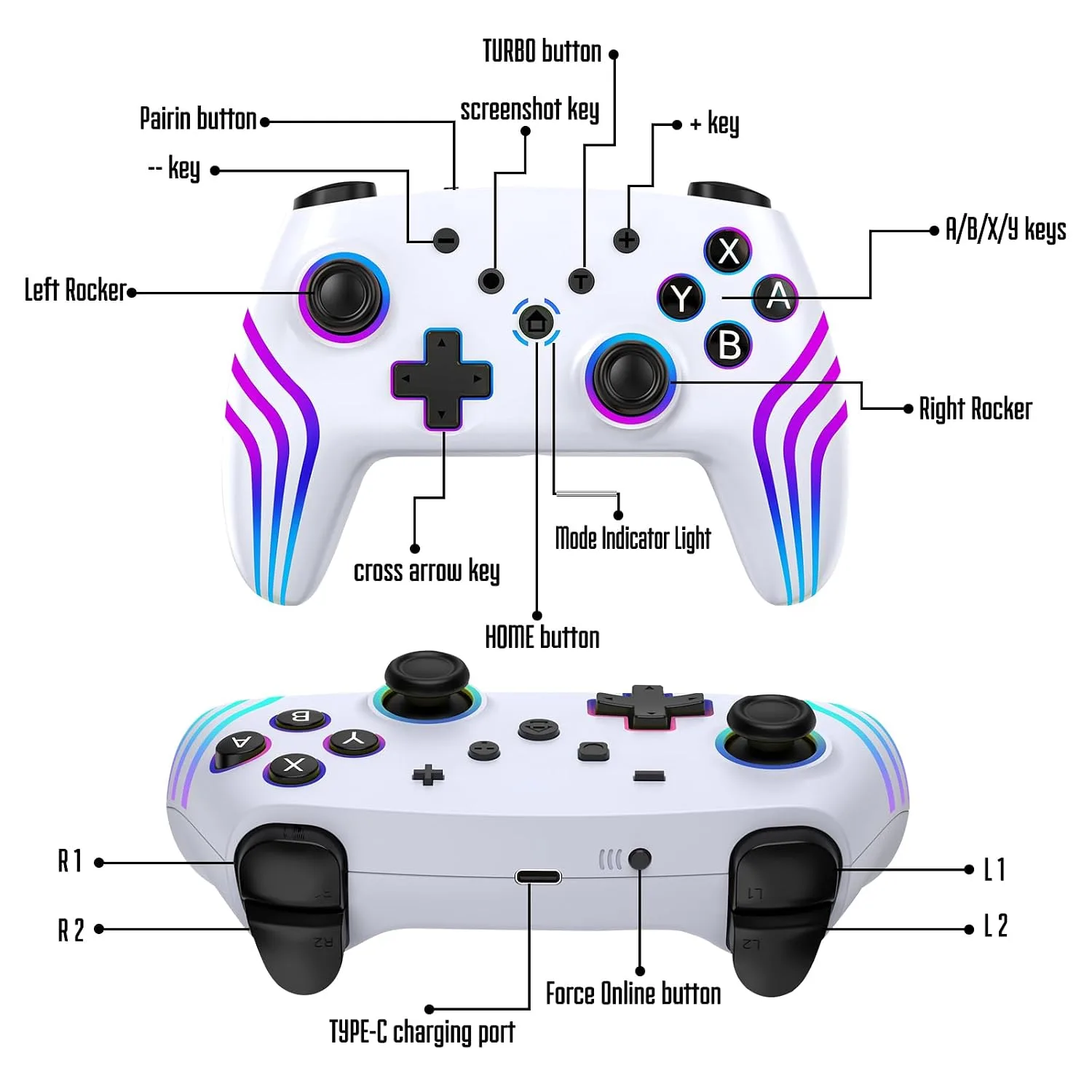 MYSTILUCK Wireless Pro Controller for Switch/Switch 2/Lite/OLED/PC, Gamepad with 7 Color-Changing RGB Lighting/Dual Vibration/6-Axis Gyroscope/Turbo, Ergonomically Designed Precise Joystick - White