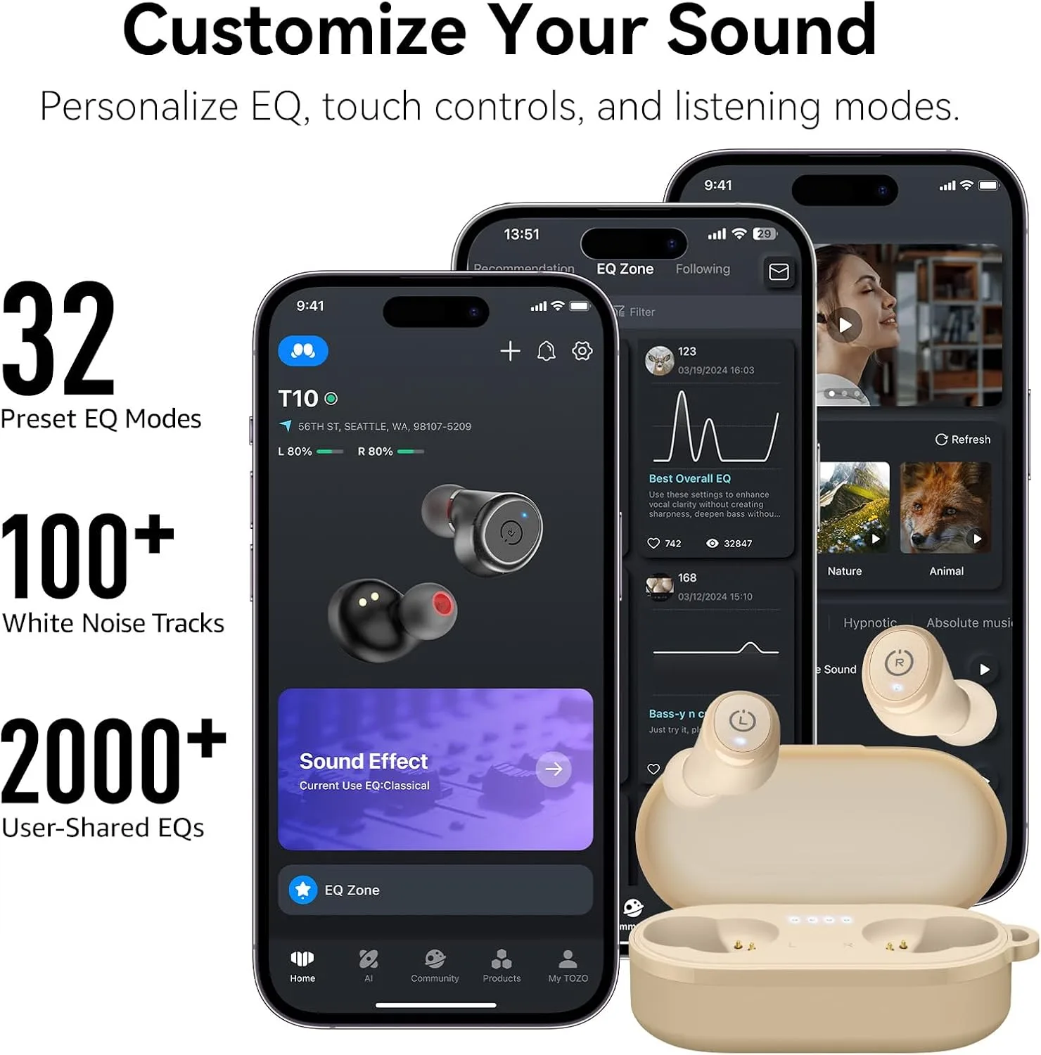 TOZO T10 Wireless Earbuds Powerful Bass Stereo Wireless Charging, APP, IPX8
