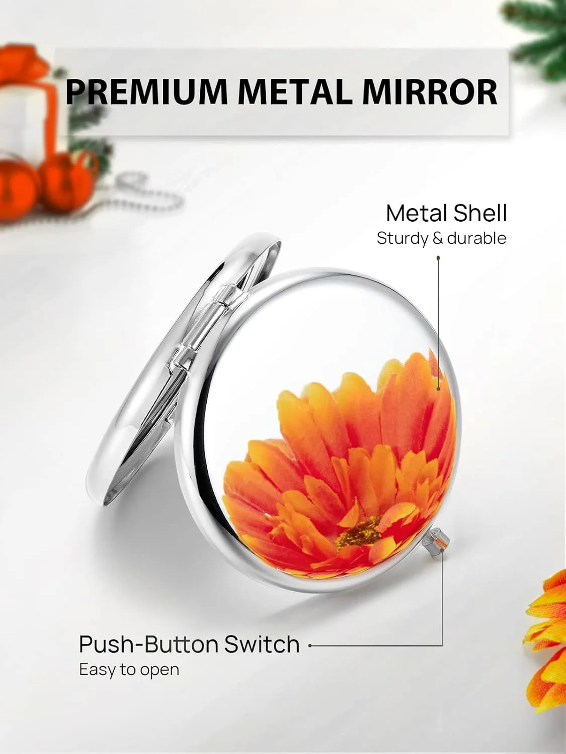 Compact Mirror, 1x/2x Magnification Pocket Mirror, Silver