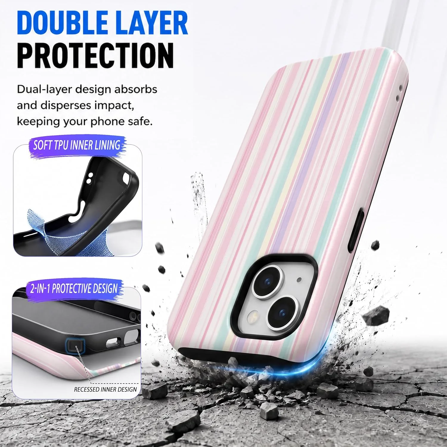 Magnetic for iPhone 13/14 Phone Case, Cute Pastel Pink Striped