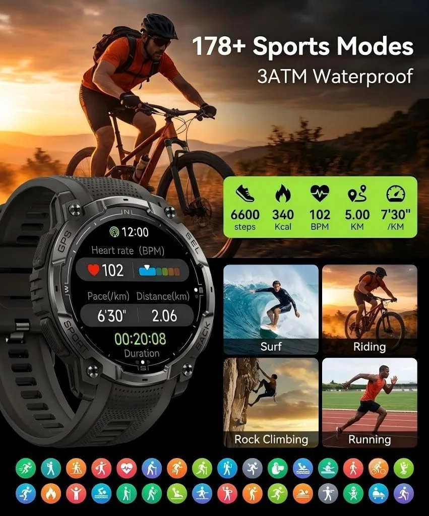 Military Smart Watch for Men, Built-in GPS, Bluetooth Call, 3ATM Waterproof