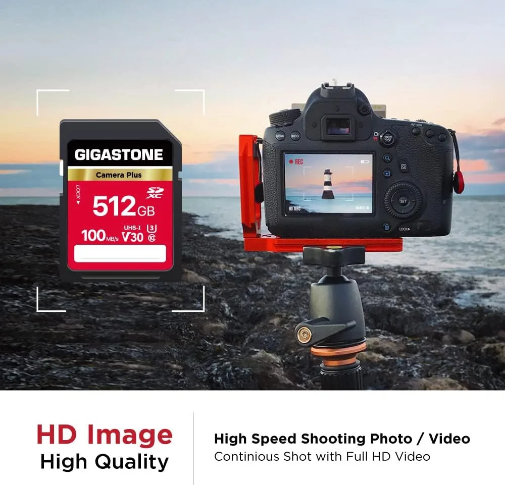 GIGASTONE 512GB SD Card, Camera Plus, Speed Up to 100MB/s, UHS-I V30 U3 SDXC Memory Card High Speed UHD Video Compatible with Kodak Olympus Digital Camera, with 1 Mini case