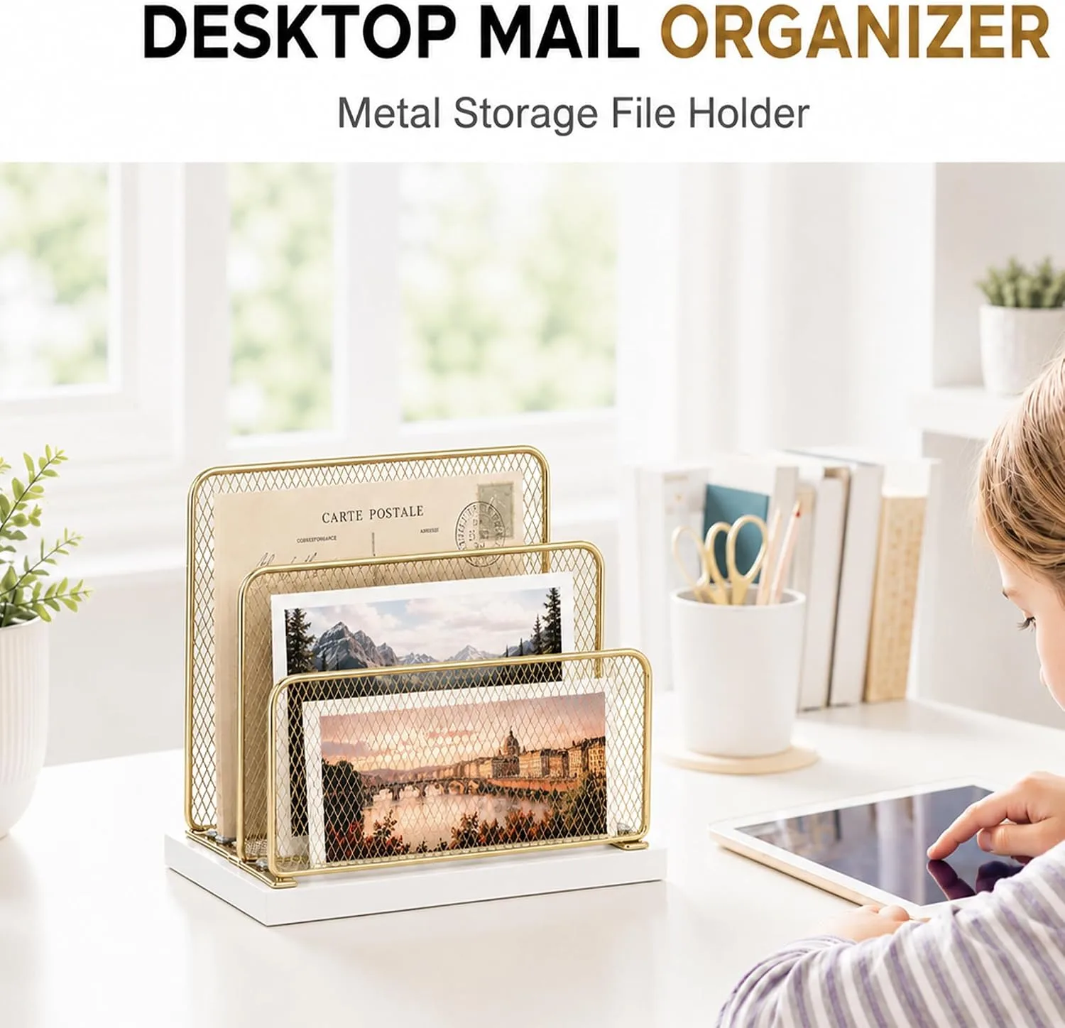 OPNICE Wooden Mail Organizer, File Organizer for Desk, Gold