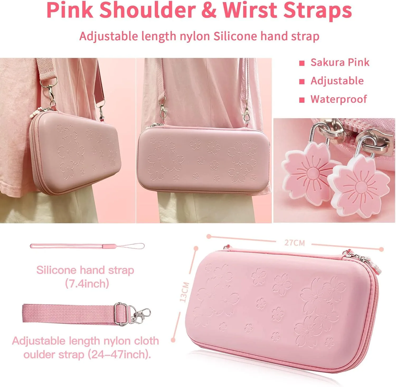 Pink Travel Carrying Case Accessories Kit Compatible with Nintendo Switch OLED.Pink Switch OLED Hard Protective Cover,Adjustable Stand,Screen Protector & Cute Thumb Grips 10 in 1 Gift.