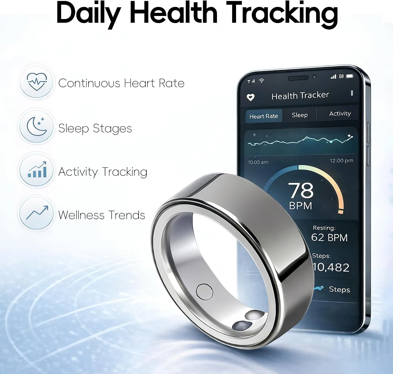 Gen 2 Lite Smart Ring for Men Women: Health, Fitness & Sleep Monitor, Heart Rate, Temp, Vibration, 5ATM Waterproof, iOS Android, Gift (Titanium Grey, 9)