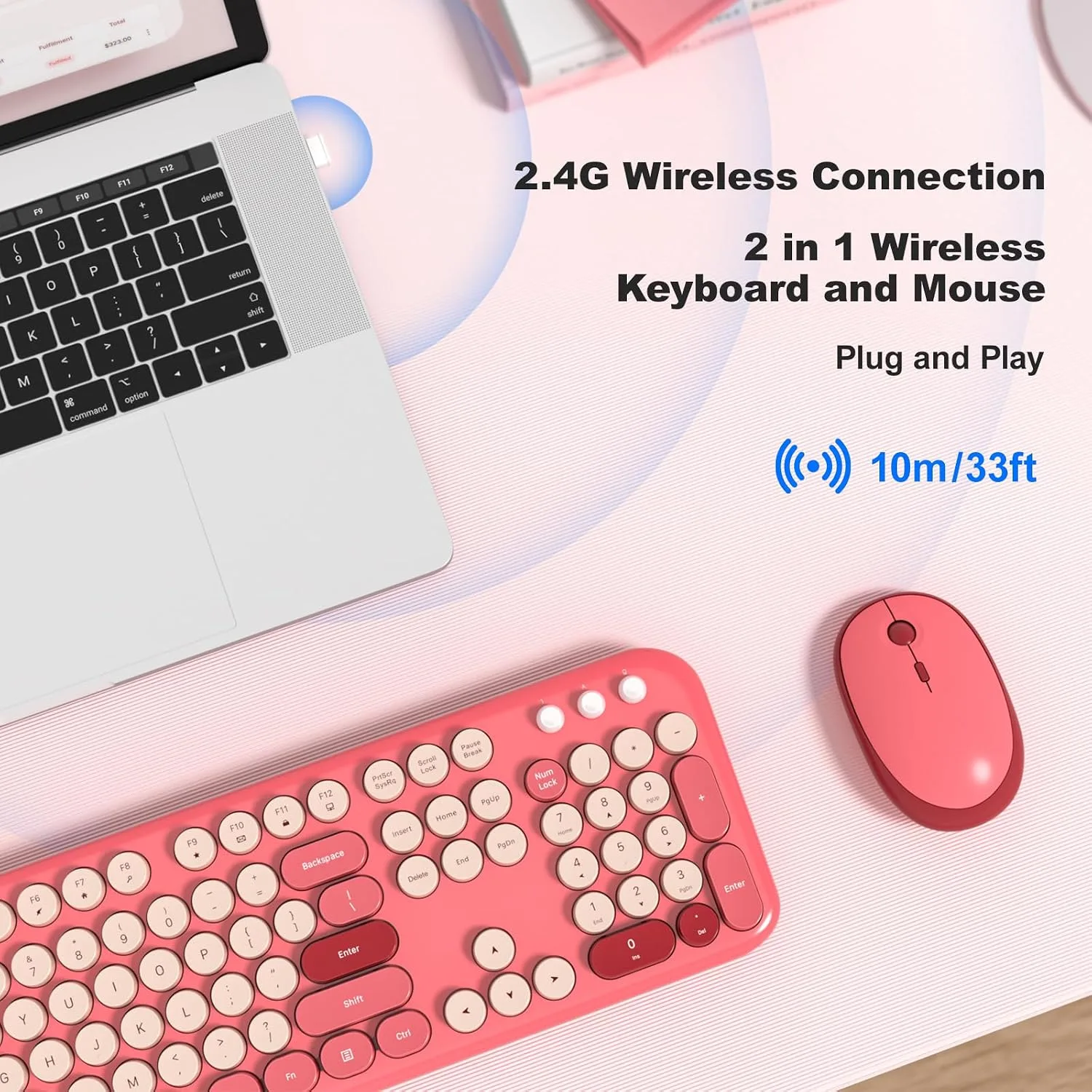 MOFII Wireless Keyboard and Mouse Combo, Full-Size Retro Typewriter-Style Wireless Keyboard with Optical Mouse for Computer/Laptop/Windows/Mac (Rose Red)
