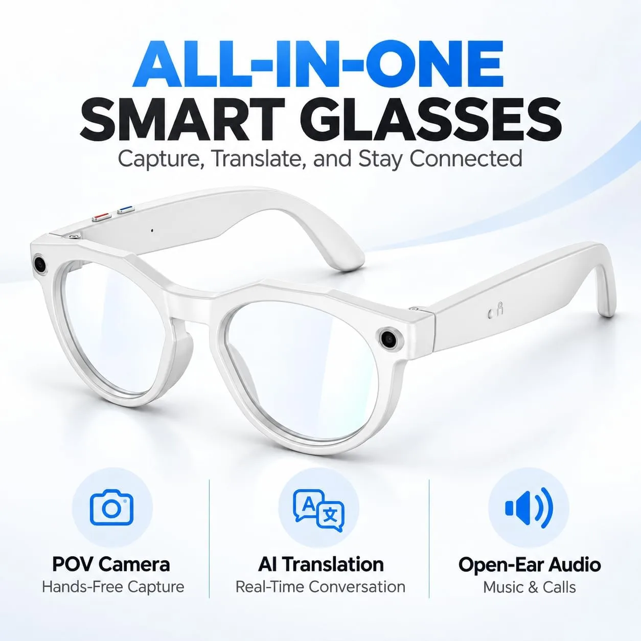 AI Smart Glasses with Camera: POV Vlogging Capture & Open-Ear Audio
