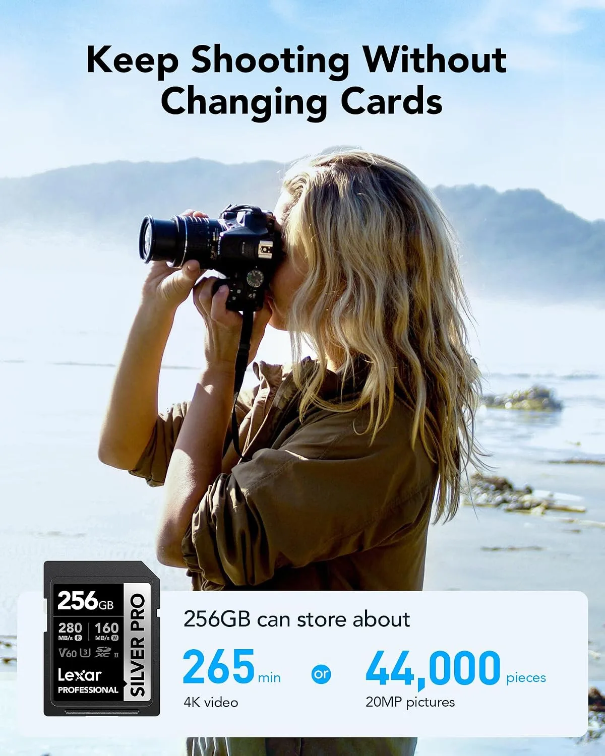 Lexar 256GB 2-Pack Silver PRO SD Card, 280MB/s Read, 4K, V60, U3, UHS-II