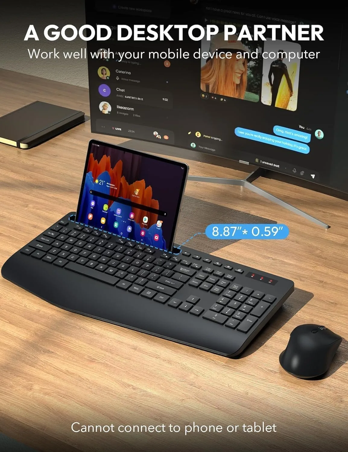 Wireless Keyboard and Mouse Combo, Full Size, Ergonomic Wrist Rest, 2.4GHz