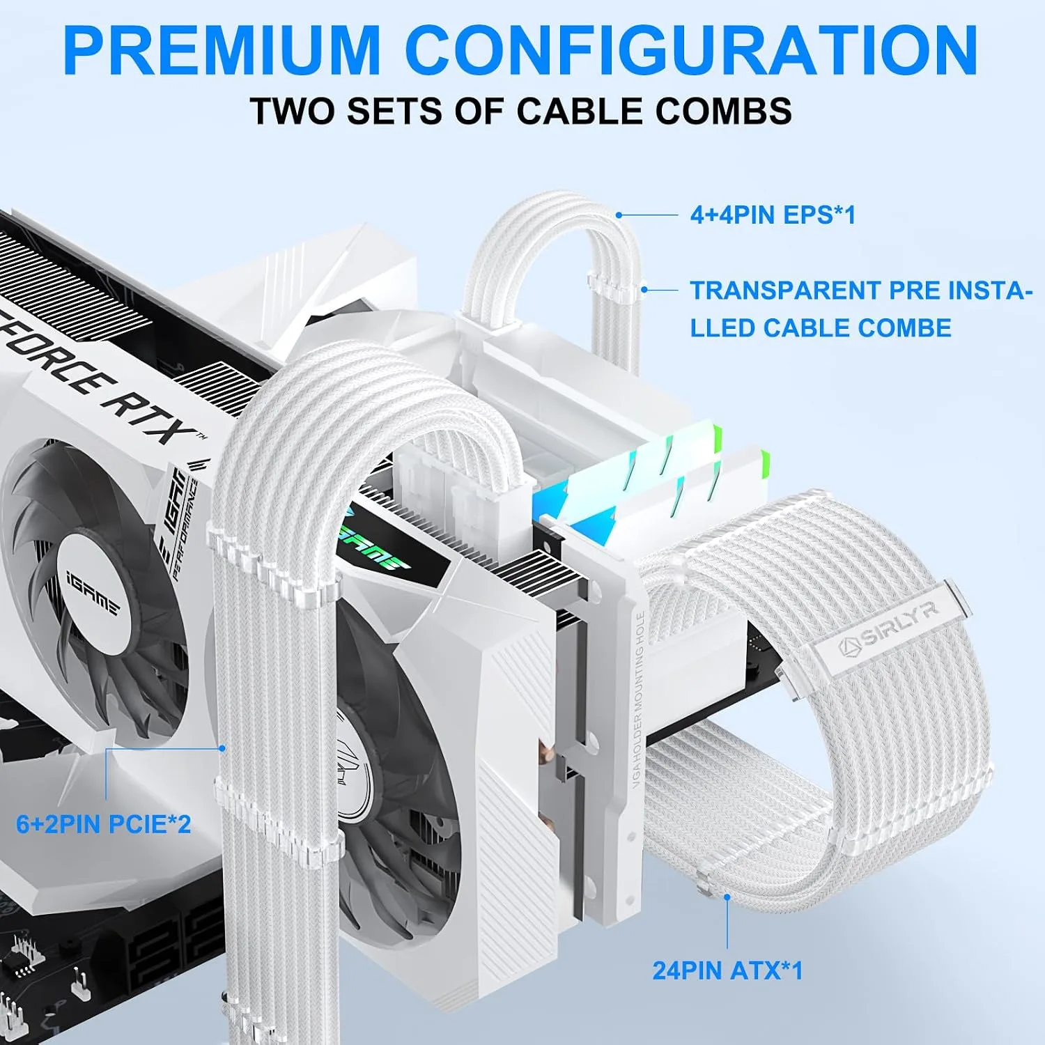 Sirlyr White 16AWG PSU Cable Extension Kit,24/8Pin,Pre-Install Combs
