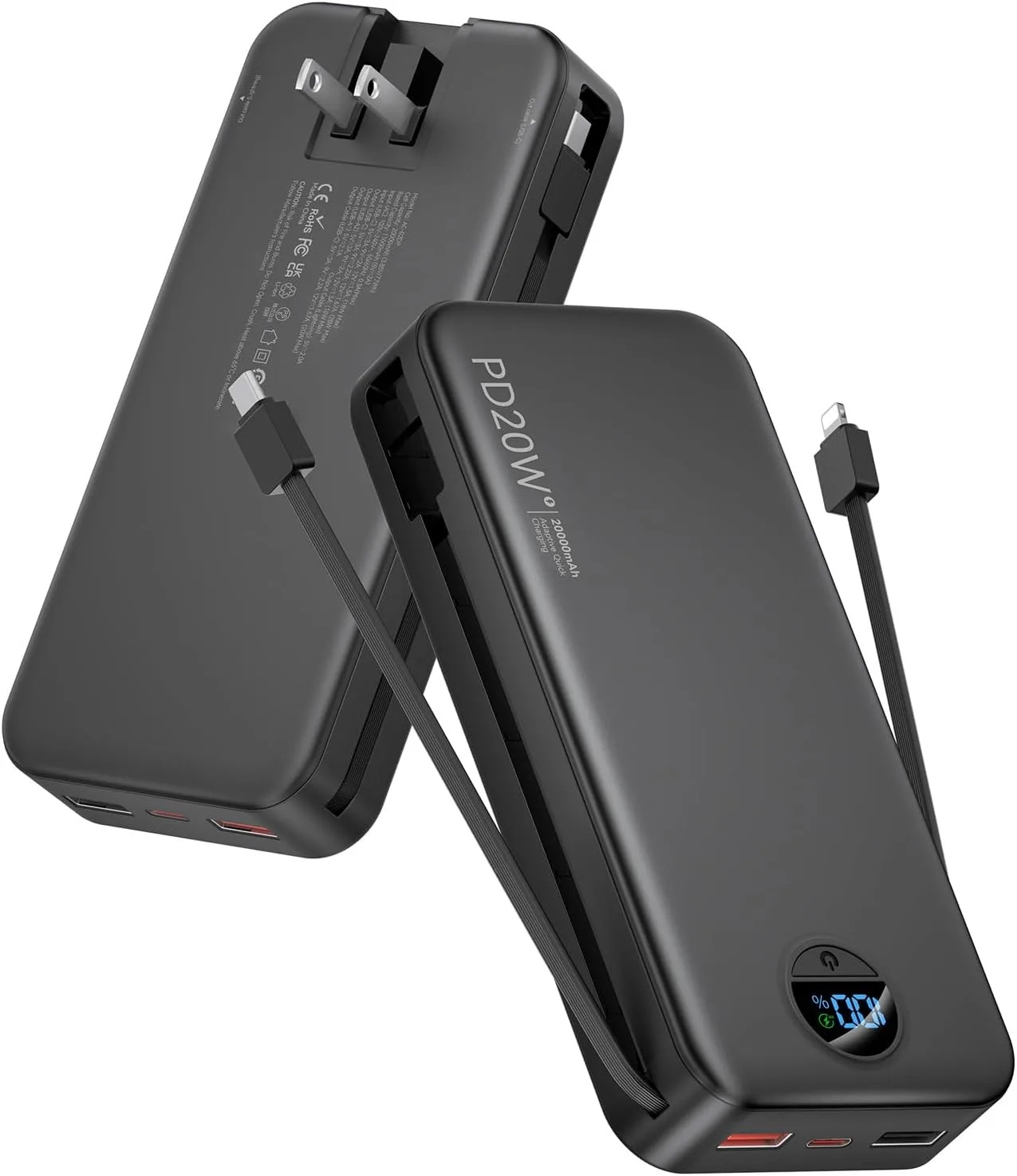 citicr Portable Charger 20000mAh PD20W w/Built-in Cables & Wall Plug Black