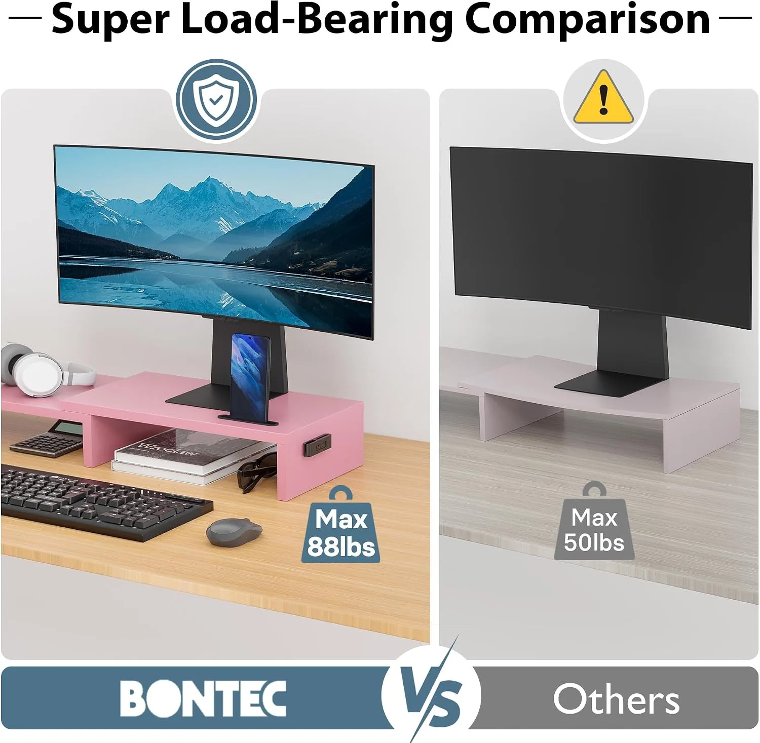 BONTEC Dual Monitor Stand Riser, Adjustable Length & Swivel Angle, Pink