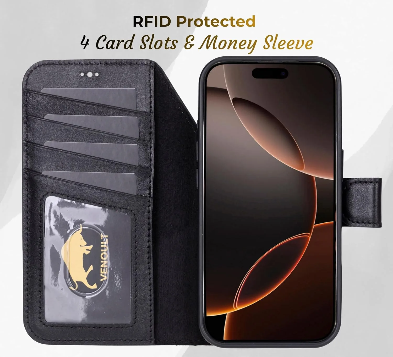 VENOULT Detachable Wallet Case for iPhone 18/17 Pro, Full Grain Leather