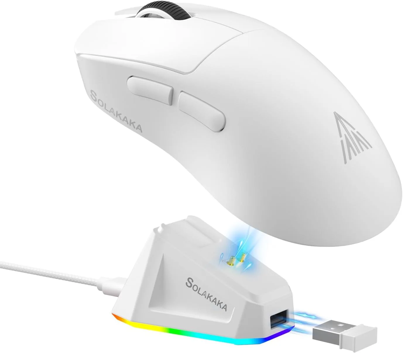SOLAKAKA SM822 Wireless Gaming Mouse with Charging Dock, Tri-Mode Wireless Mouse, PAW3311 Optical Sensor, Up to 24,000DPI, 62g Lightweight Mouse with 5 programmable Buttons, for PC, Laptop (White)