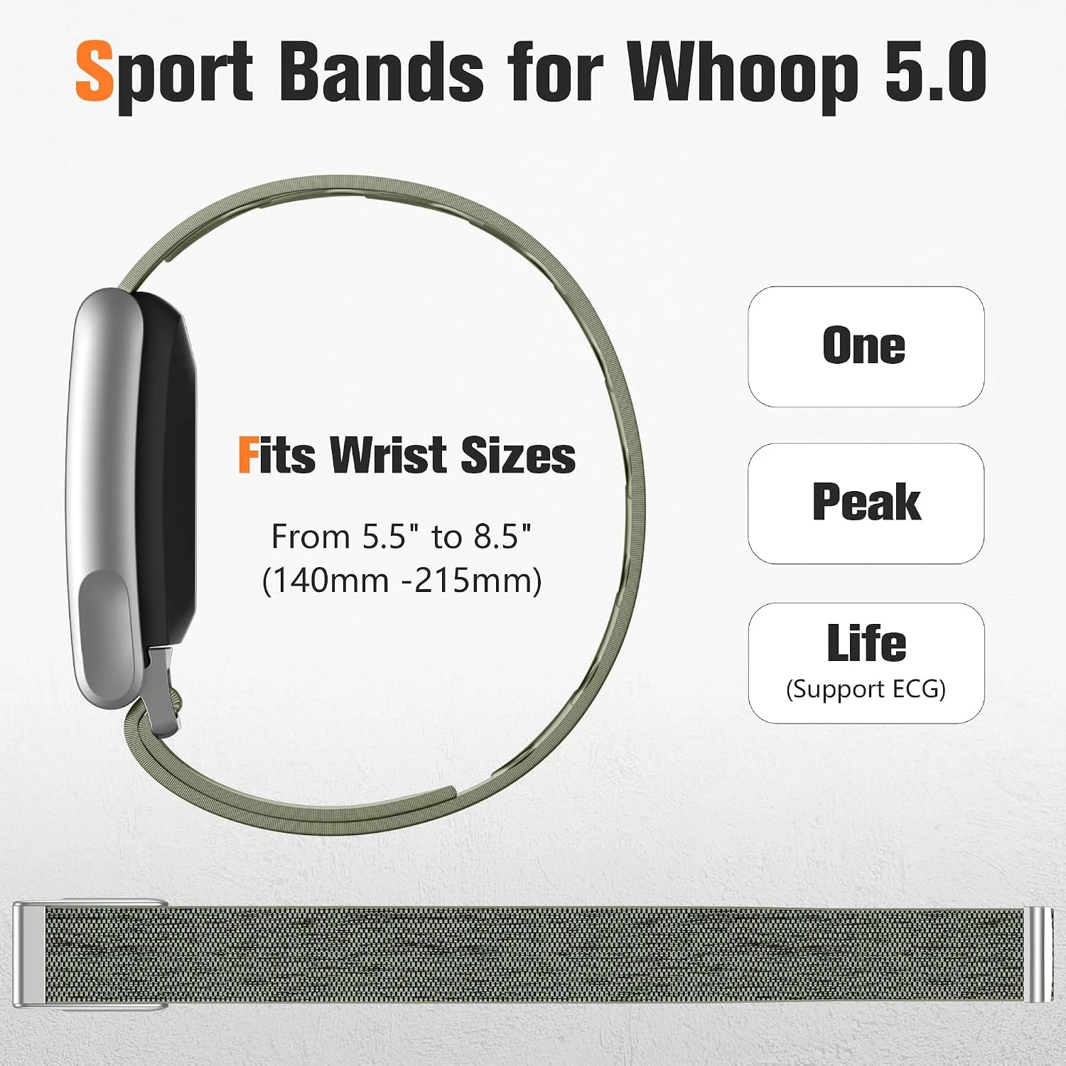 Getino Sport Band Compatible with Whoop 5.0 Bands One, Peak and Life/MG, Breathable Adjustable Elastic Replacement Soft Nylon Strap Accessories for Whoop Band 5.0 Fitness Tracker, Green