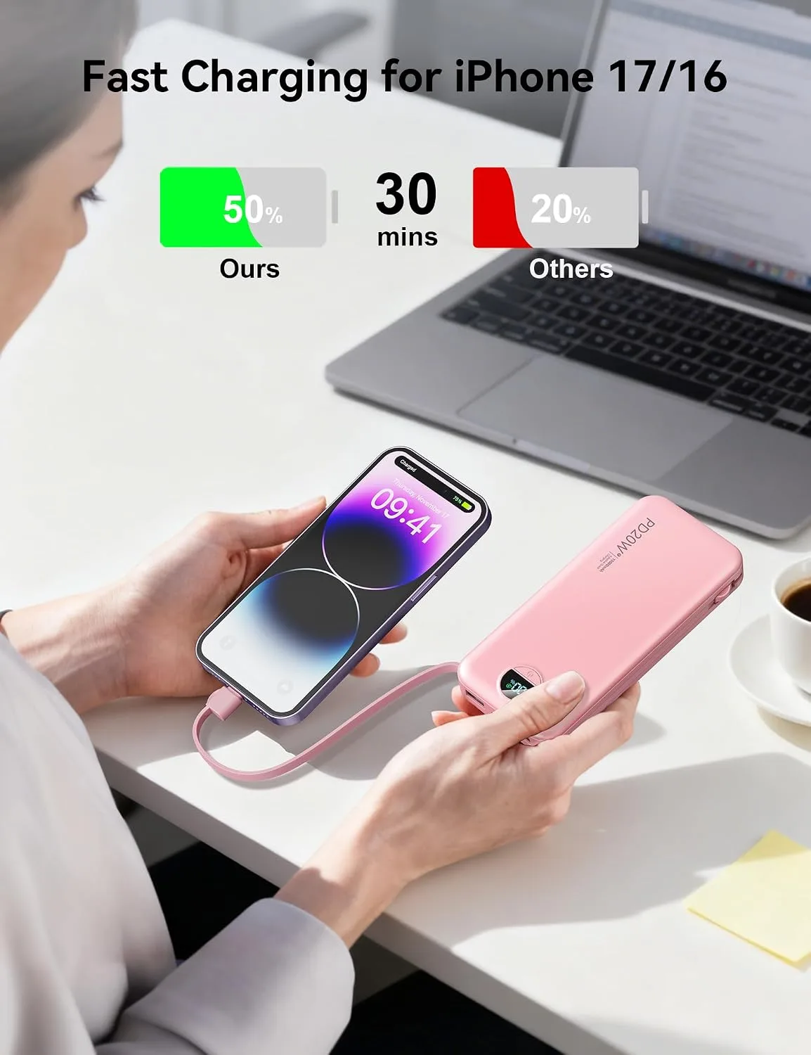 Portable Charger Power Bank 10000mAh with Built in Cables & Wall Plug