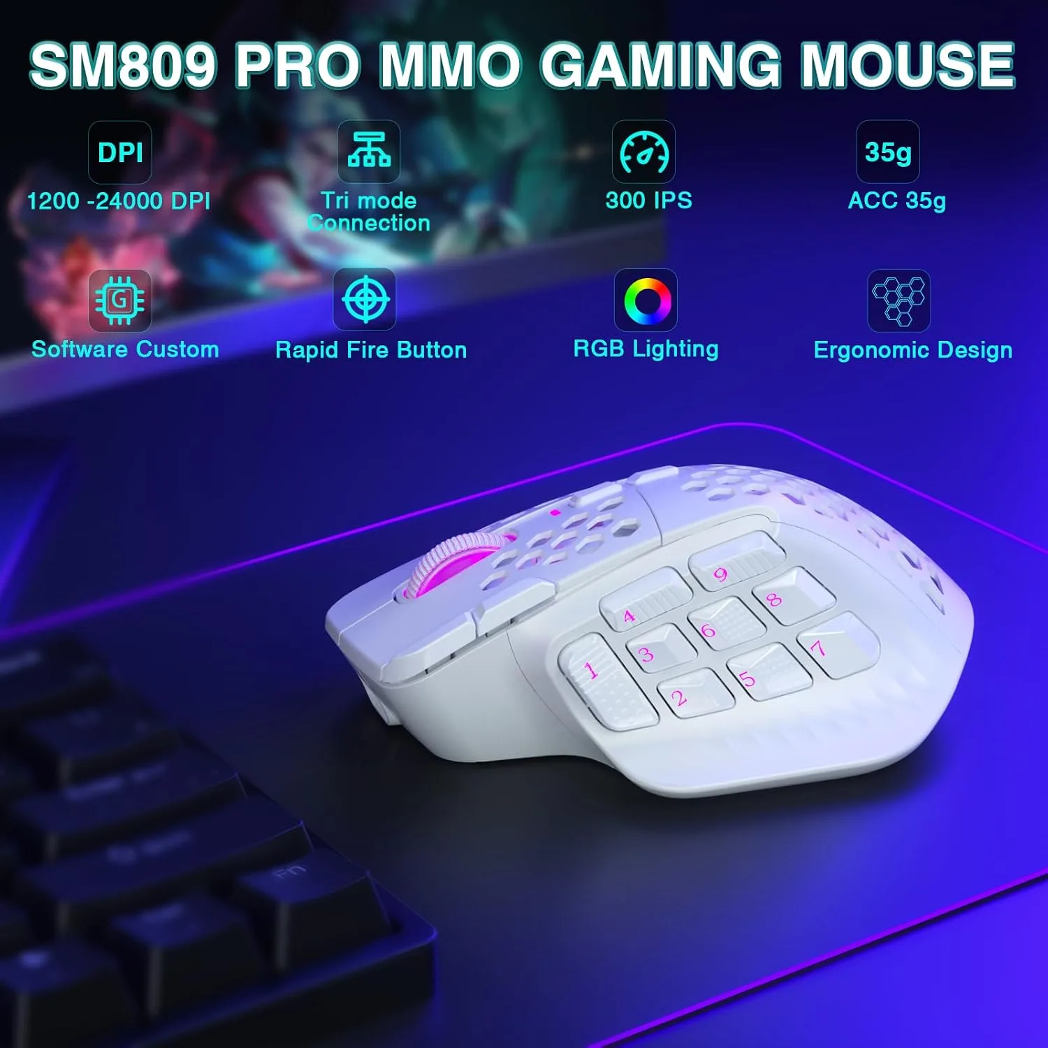 SOLAKAKA SM809 Pro Gaming Mouse with 9 Side Buttons,24000 DPI RGB Mouse for Gamer,16 Programmable Macros MMO Mouse