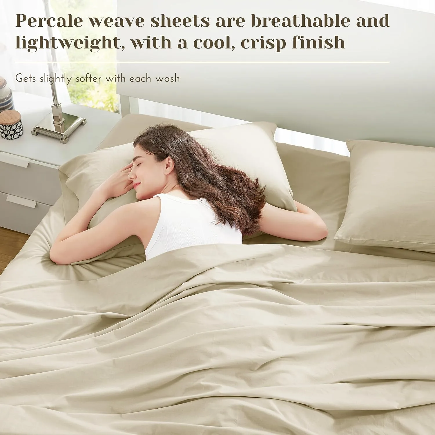 Comfort Spaces 100% Cotton Percale Sheets Queen Sheet Set 4 Pcs, Cream