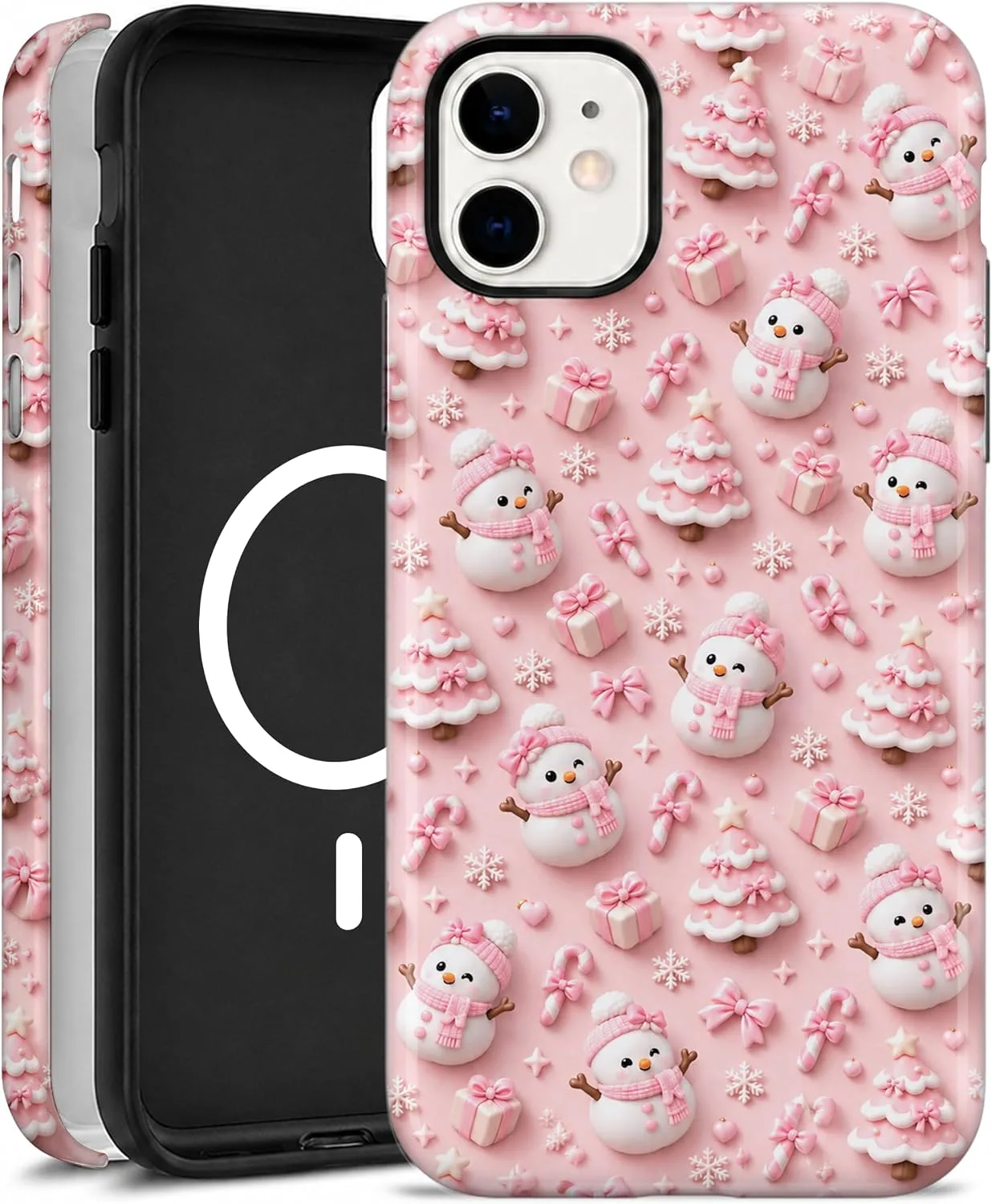Magnetic for iPhone 11 Cute Pink Phone Case, Christmas Snowman
