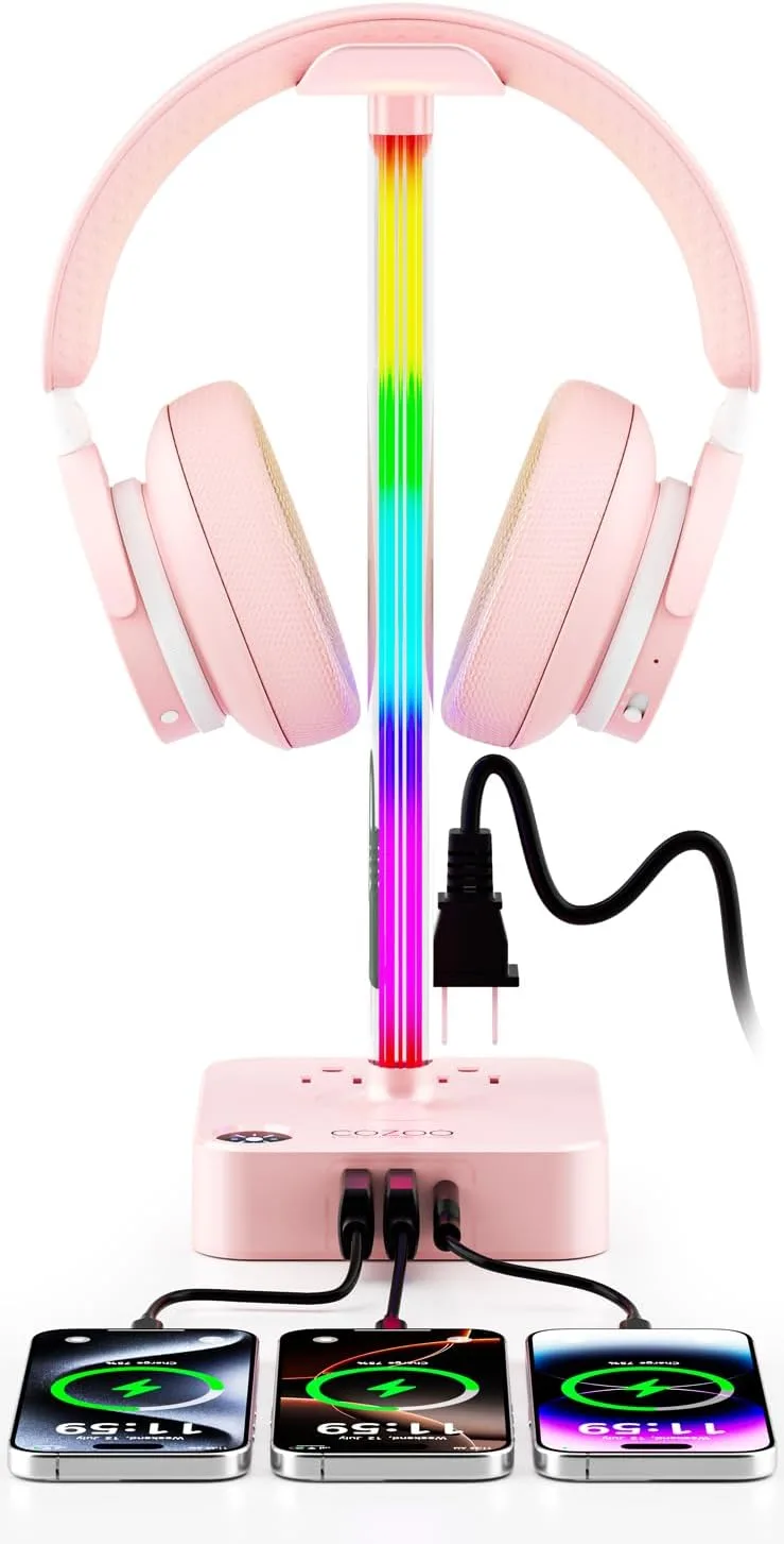 cozoo Headphone Stand with Charger, USB C, Gifts for Gamers Men, Pink Pro